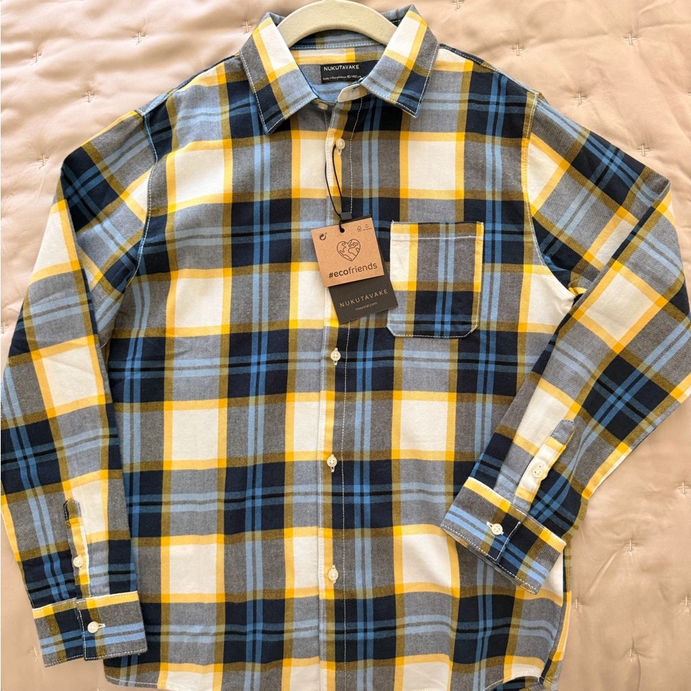 NUKUTAVAKE Yellow & Blue Plaid Boys Button Down